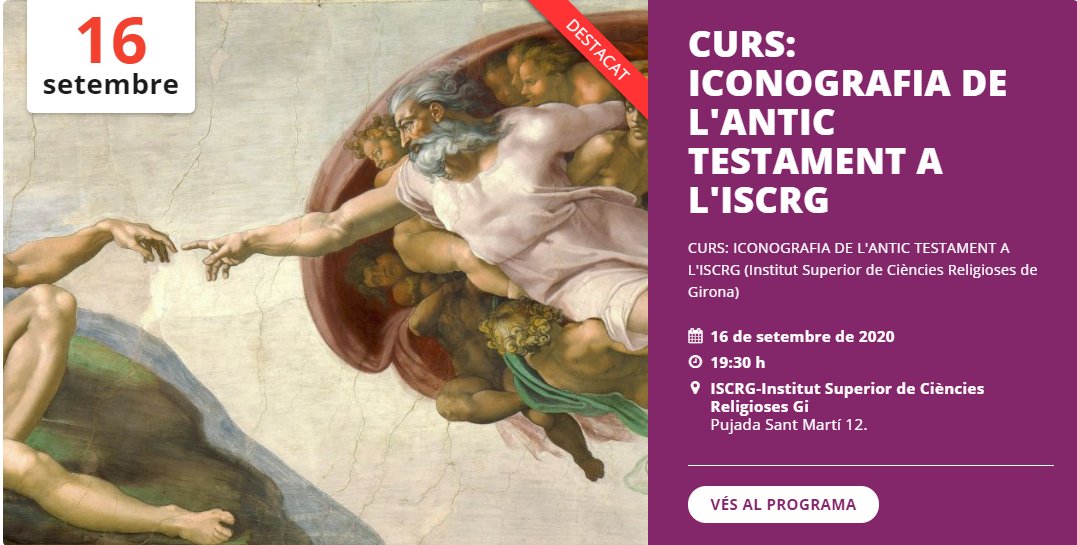 Demà 16 setembre a les 19h començem amb el Curs Universitari: ICONOGRAFIA DE L'ANTIC TESTAMENT de L'ISCRG, de la mà del Dr. Juan F. Campo.
Reserves de places: bit.ly/3kgWTBm
𝘈𝘱𝘭𝘪𝘲𝘶𝘦𝘮 𝘮𝘦𝘴𝘶𝘳𝘦𝘴 𝘱𝘳𝘦𝘷𝘦𝘯𝘵𝘪𝘷𝘦𝘴 𝘊𝘖𝘝𝘐𝘋19.