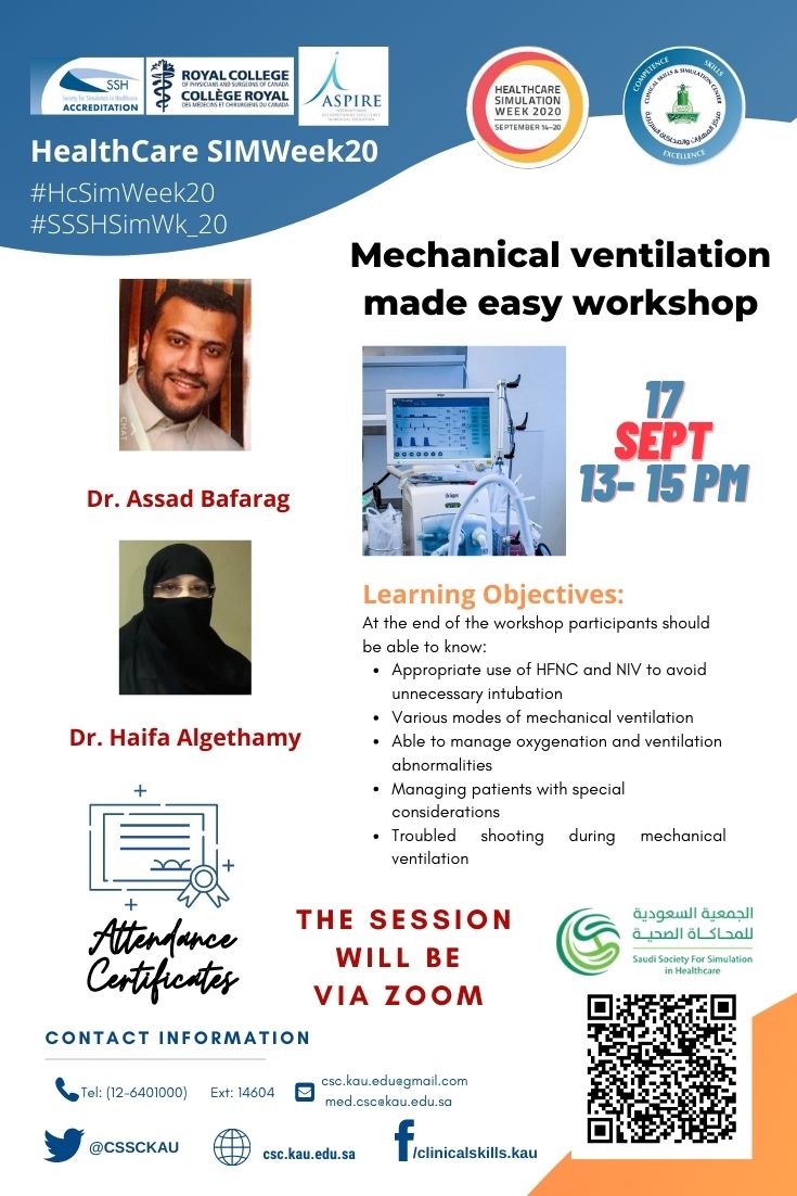 CSSCKau's tweet photo. Mechanical Ventilation Made Easy Workshop 17/9/2020
#HcSimWeek20 #SSSHSimWk_20 #LetSimSaudi #لنكن_مبدعين @bokera1
@nhalawani1357 @sallymansouri @alha_fatmah @draaarab
@JameelEM @doctorloay
@drtahamasri @CSSCKau @halgethamy2020 https://t.co/1Ep2fyrerq