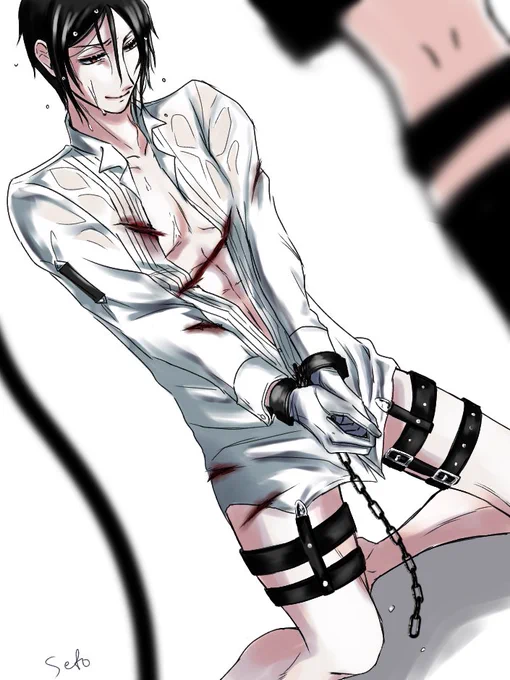 #裸の推しにフォロワーさんから言われたものを足してく 

②
滴る水
胸のハダけたトップス
手袋
手枷
ムチの傷跡
ガーターベルト

こーゆーの多発してるとS●M好きに思われてしまうんでは...?(手遅れ案件)
坊ちゃん並べた...←お遊びを楽しむタイプのセバシエ

リプありがとうございました! 