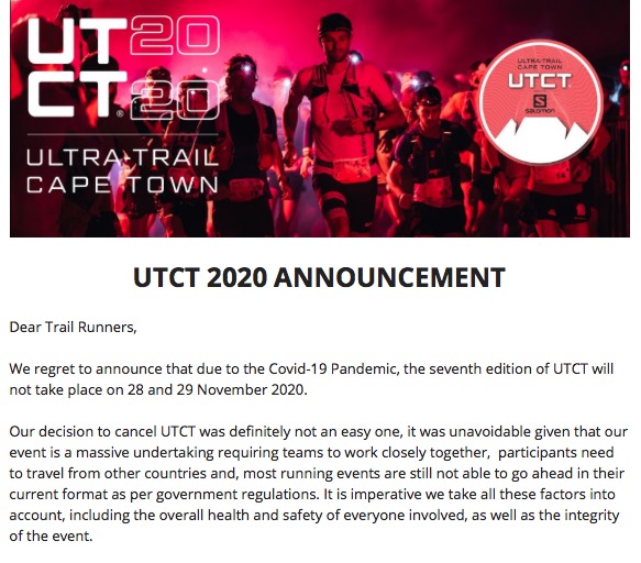 Sad moment to see this email from the organisers of <a href="/UltratrailCT/">RMB Ultra-Trail Cape Town</a> in our inbox, but totally understandable!

#utct #cancelled #COVID19