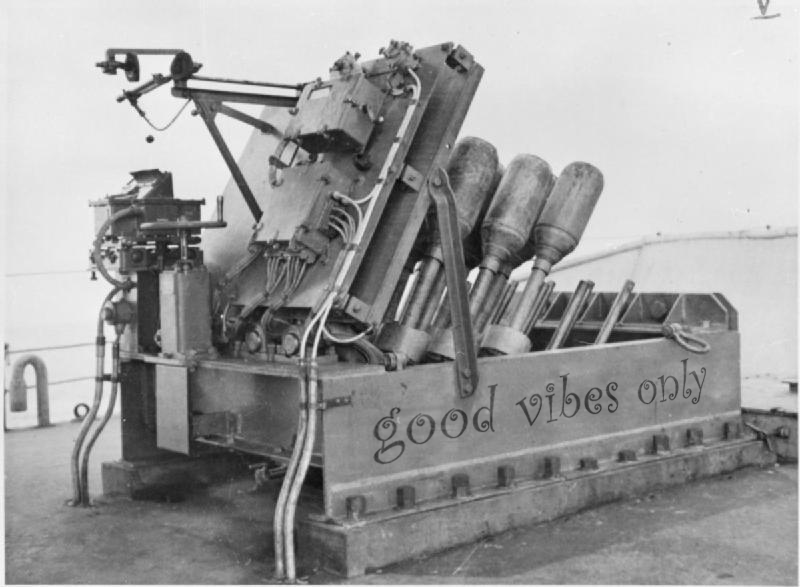 Then onto destroyers in the same role (as illustrated here by HMS Westcott's 'Good Vibes Only' Hedgehog battery).