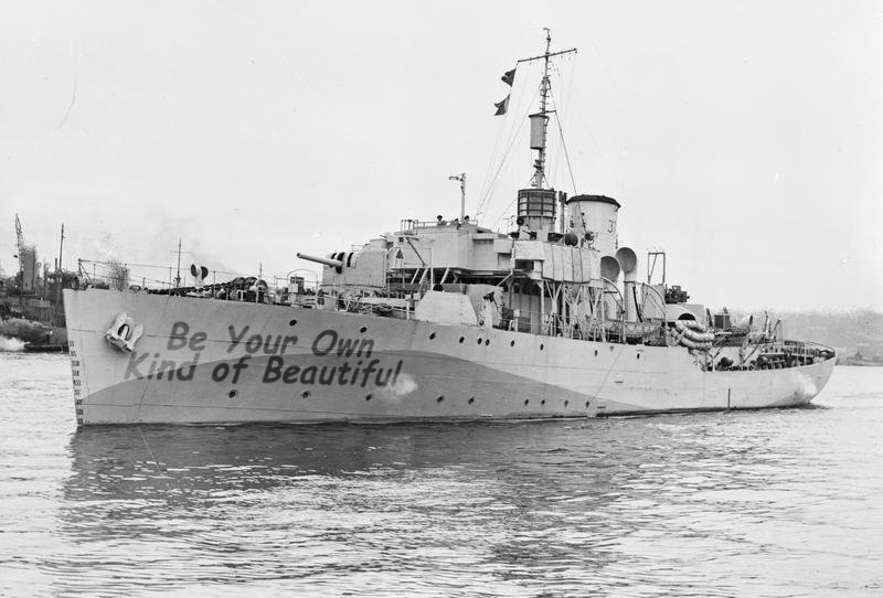 Given this tacit official sanction, the trend soon started to spread - first to other corvettes on escort duty in the North Atlantic:Here's HMS Bluebell with her iconic 'Be Your Own Kind of Beautiful' bow script.