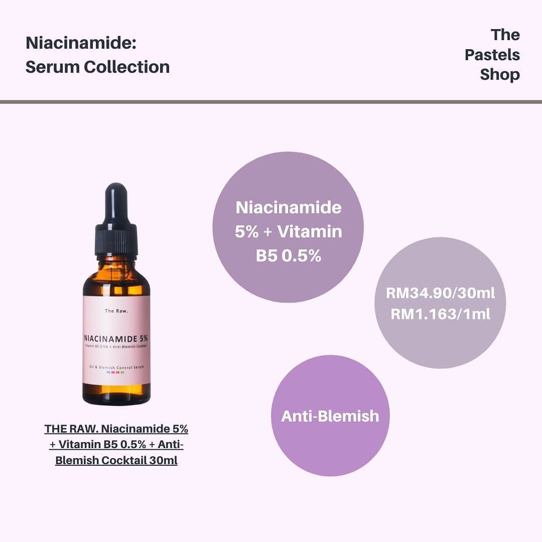 2. THE RAW. Niacinamide 5% + Vitamin B5 0.5% + Anti-Blemish Cocktail 30mlNP: RM35.90PROMO: RM31.41 (10% OFF)Control skin oil / sebum, control acne and skin congestion, reduce enlargedpores, restore skin barrier and moisture.