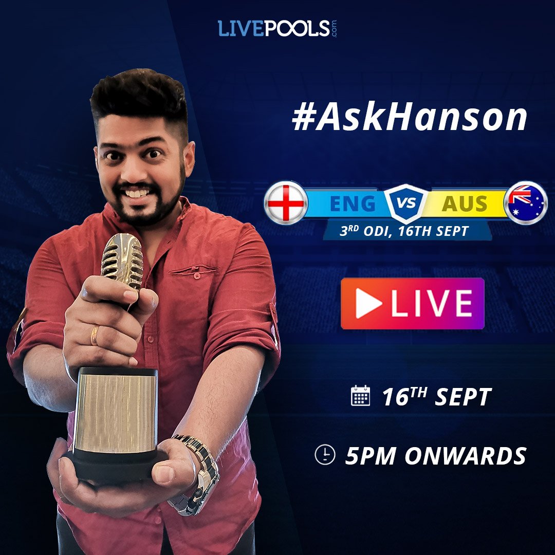 BlitzpoolsIndia's tweet photo. Fantasy Cricket expert, Hanson will be joining us live tomorrow at 5:00 PM onwards on Instagram!
Drop your questions for #ENGvsAUS 3rd ODI in the comments below and he might answer them LIVE! π
#AskHanson #MayTheBestMindWin #LivePoolsIndia https://t.co/QKMrdX4Wd7