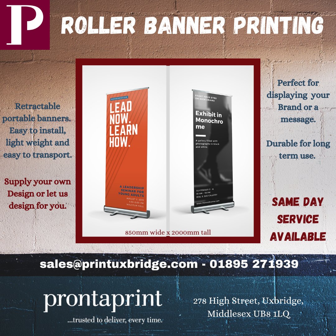 Roller Banner Printing - perfect for displaying your brand &amp; promote your services. Pop in or email sales@printuxbridge.com or call us on 01895 271939. We love to hear about your business &amp; see how our print services can help you #rollerbanners #shoplocal #uxbridge #printlocal