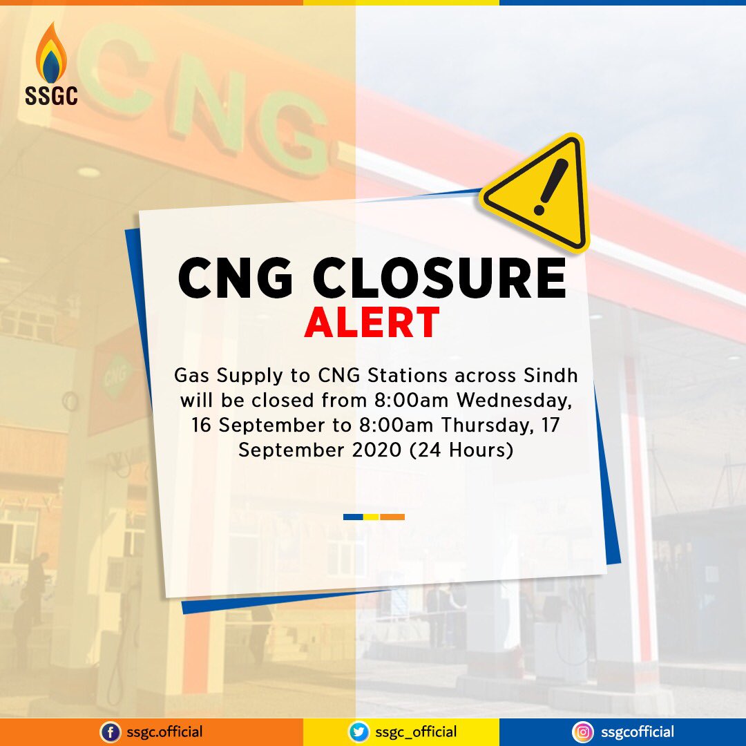 SSGC_Official's tweet photo. Gas Supply to CNG Stations across Sindh will be closed from 8:00am Wednesday, 16 September to 8:00am Thursday, 17 September 2020 (24 Hours)

#SSGC #CNGAlert https://t.co/GlNJYpFH1t