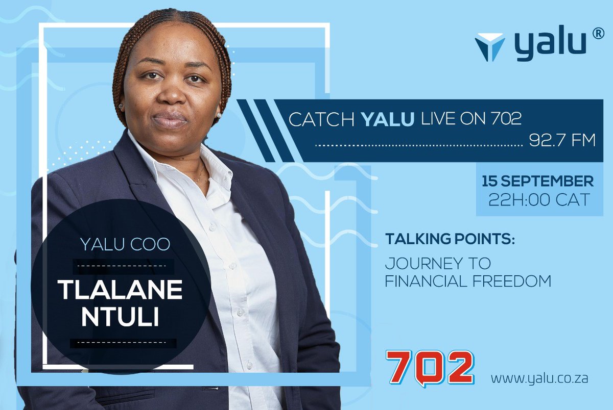Our co-founder and COO - Tlalane Ntuli - will be on 702 Radio tonight at 10pm on The Aubrey Masango Show. Don't miss out on the discussion about the journey to financial freedom.

#Yalu #KnowBetter #DoBetter #FinancialFreedom