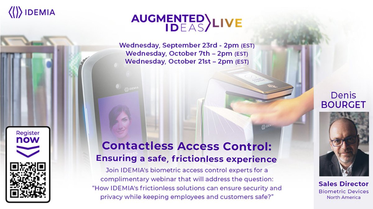 IDEMIA_IST's tweet photo. Want to know how to ensure security and privacy while keeping employees and customers safe? Join the next IDEMIA Insight webinar Sept. 23 at 2 p.m. ET. #contactless #biometrics #frictionless #morphowave https://t.co/nO1euxU8FA https://t.co/I4Wiz0pQOA