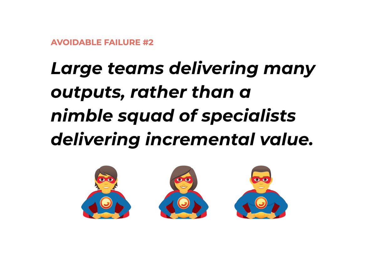 Make_Believable's tweet photo. ⚠️ Avoidable Failure 2:
Large teams delivering many outputs rather than nimble squad of specialists delivering incremental value.

🤒 Root Cause:
Mindset that lots of resource will get things done faster.

💊 Remedy:
Get a small multidisciplinary team of experts and explore https://t.co/yAv5bDBcV5