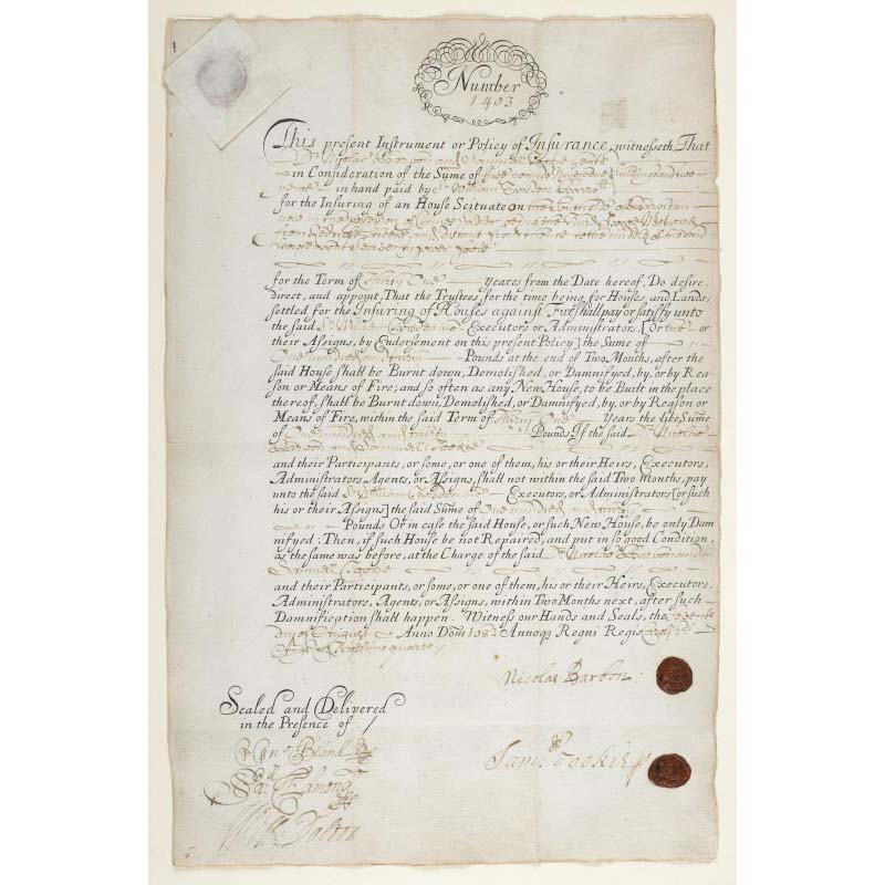 In 1680 the first insurance company, the ‘Fire Office’, was set up by Nicholas Barbon and began issuing policies like this one, signed by Barbon himself. Others like it soon emerged, and by 1690 one in ten houses in London was insured.