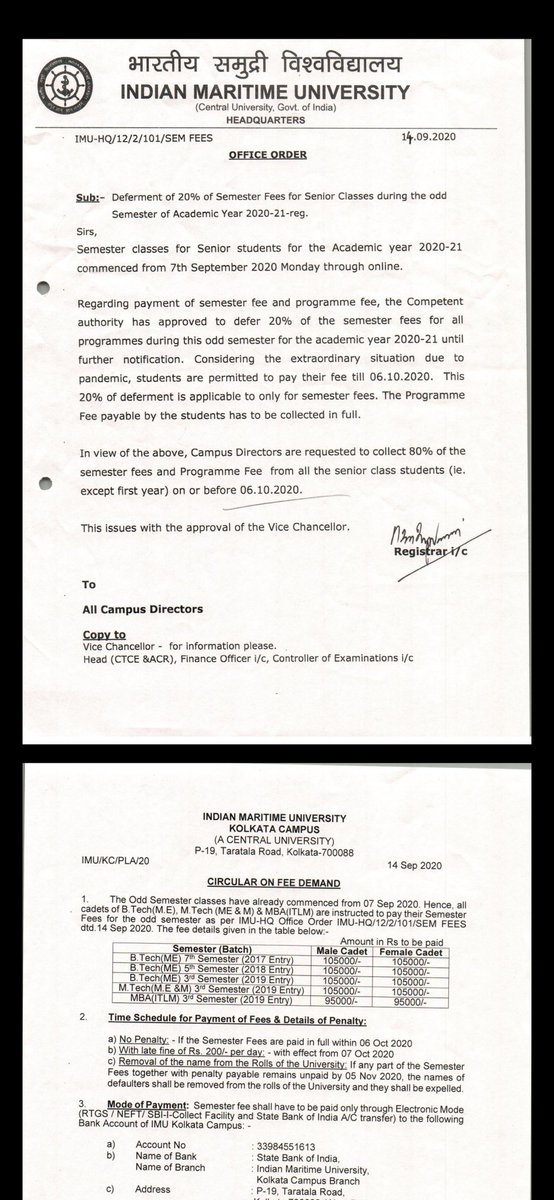 DineshTarolia's tweet photo. Kindly look into  amount  of fee charged  by IMU during pandemic. Without using anykind of facilities they are demanding full fee. 
 @PMOIndia @Swamy39  @dgship_goi  @shipmin_india #whyfeelMU #JusticeForIMUCadets #ShameIMU https://t.co/VLVbayQ5qO