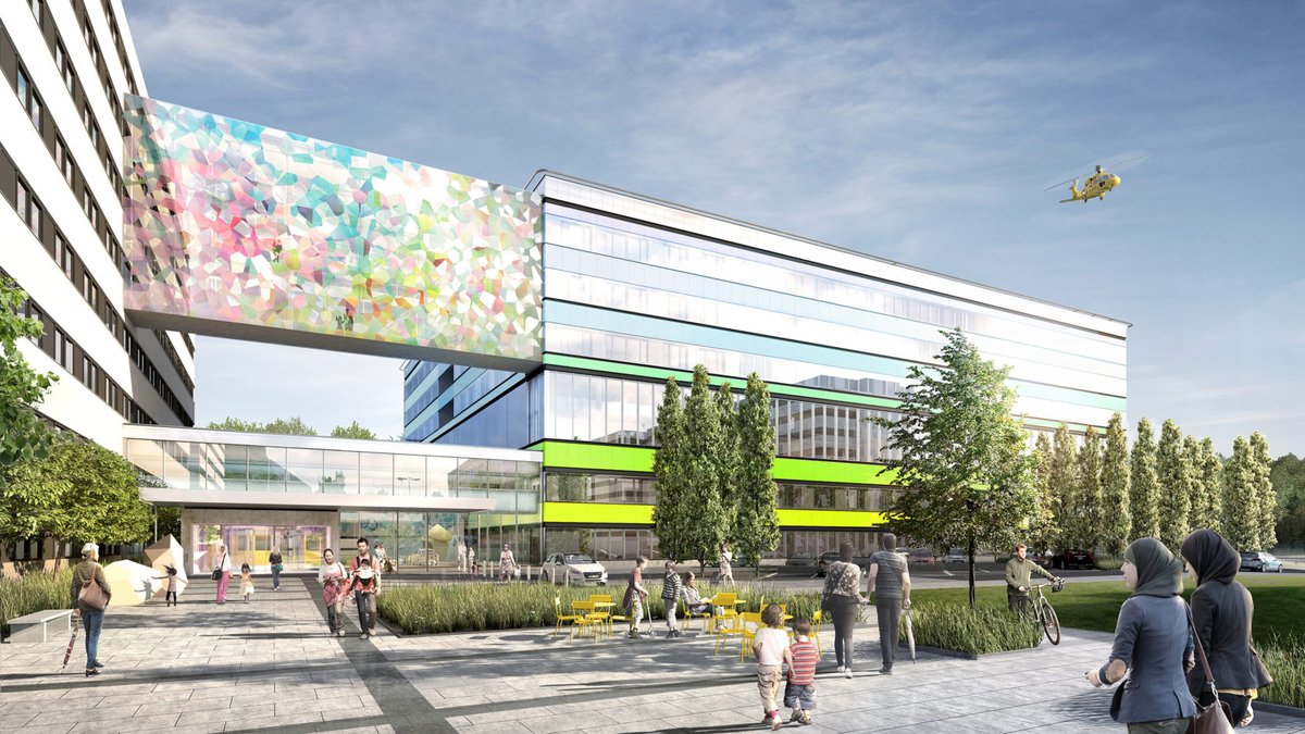 GLASSBELGroup's tweet photo. New amazing project GLASSBEL was involved in is Queen Silvia's Children's and Adolescents' Hospital in Gothenburg. The photos show how the colorful glazed transition between the children's hospital and the new extension was lifted on site. https://t.co/aTe6EgV4Zb