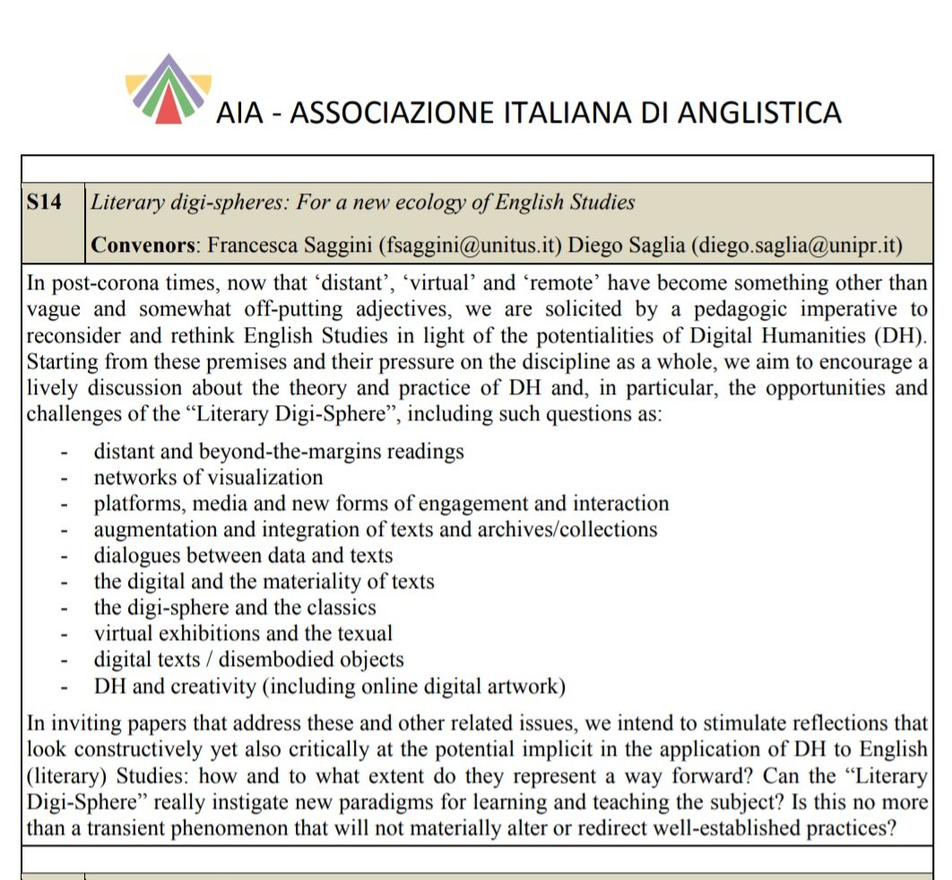 Professor_Pop's tweet photo. @saglia_dyg and I are looking forward to hearing from you! Colleghi, scriveteci!

#DH #digitalhumanities #Englishstudies #digitart #digisphere 
#anglisticaitaliana #anglisti @Essenglish @MSCActions @EdCDCS @BurneyStage @EdinUniCAHSSres https://t.co/RYedwoj4li
