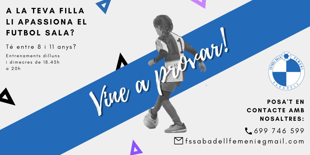 LA TEVA FILLA VOL JUGAR A FUTBOL SALA❓⚽️

La teva filla t'ha demanat moltes vegades jugar a futbol i no sabeu on podria jugar? 

Al F.S. Sabadell Femení trobareu el lloc on pugui iniciar-se en aquest esport al costat d'altres nenes del seu nivell i gaudir del futbol sala.