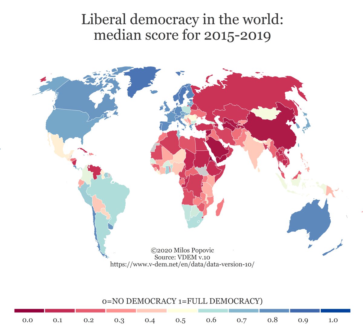milos_gis's tweet photo. My map of VDEM's liberal democracy score for the last 5 years shows that illiberal states dominate the global landscape
#InternationalDayofDemocracy
#InternationalDemocracyDay
#DemocracyDay2020
#dataviz #datsscience #bigdata #maps #rstats https://t.co/1HxOK40fps