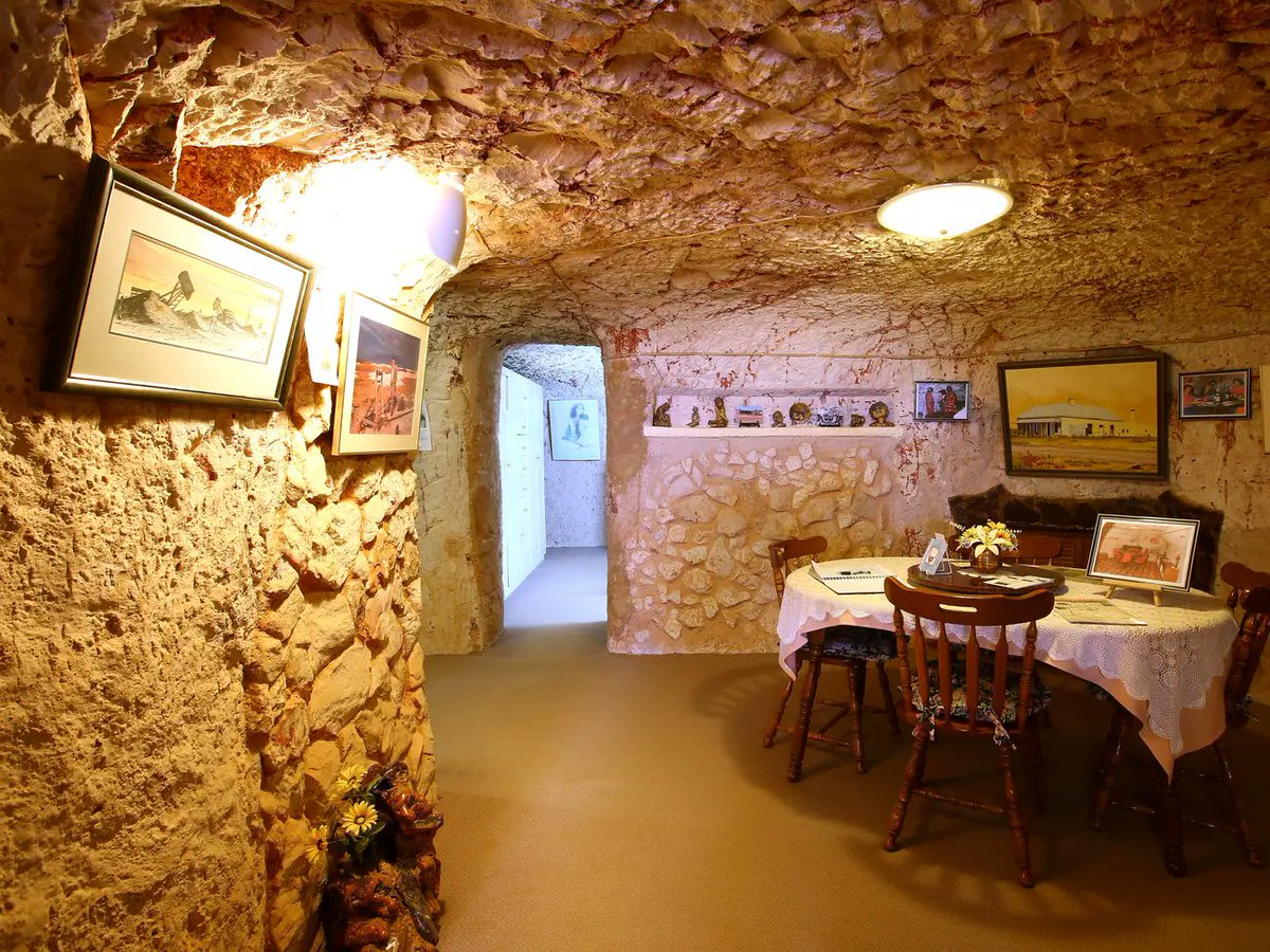 the opal mining desert town of Coober Pedy, South Australia gets so hot that most of the town live underground. initially people took shelter in old mineshafts, then the idea caught on and now there are purpose-built dugouts  #Opal  #MinCup2020 https://www.businessinsider.com/inside-coober-pedy-australias-underground-town-2016-1?IR=T#but-some-80-of-the-local-population-have-made-homes-inside-the-sandstone-8