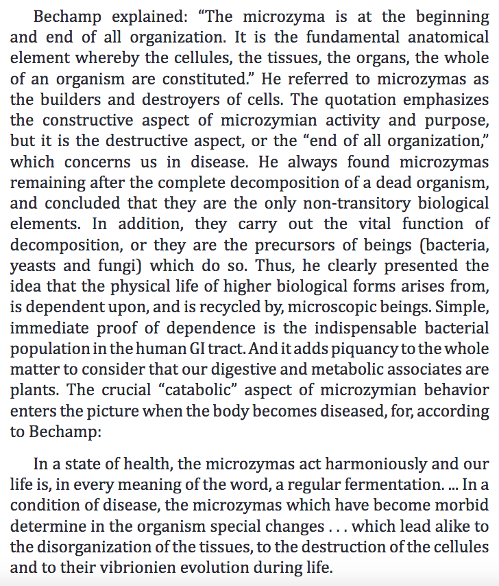 259) “Bechamp explained: ‘The microzyma is at the beginning and end of all organization. It is the fundamental anatomical element whereby the cellules, the tissues, the organs, the whole of an organism are constituted.’”