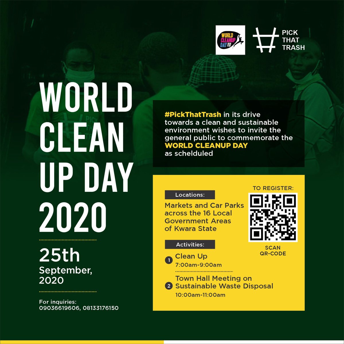 humanitarian_bs's tweet photo. Hello Kwarans!!!!! 
@PickThatTrash is back with the biggest cleanup and town hall conversations on “Sustainable Waste Disposal” across the 16LGAs to commemorate #worldcleanupday2020 

sign up to join us here https://t.co/kxnp8uyykd 

We are open to partnerships💚

Qees🌹 https://t.co/VfA1FnmdSC