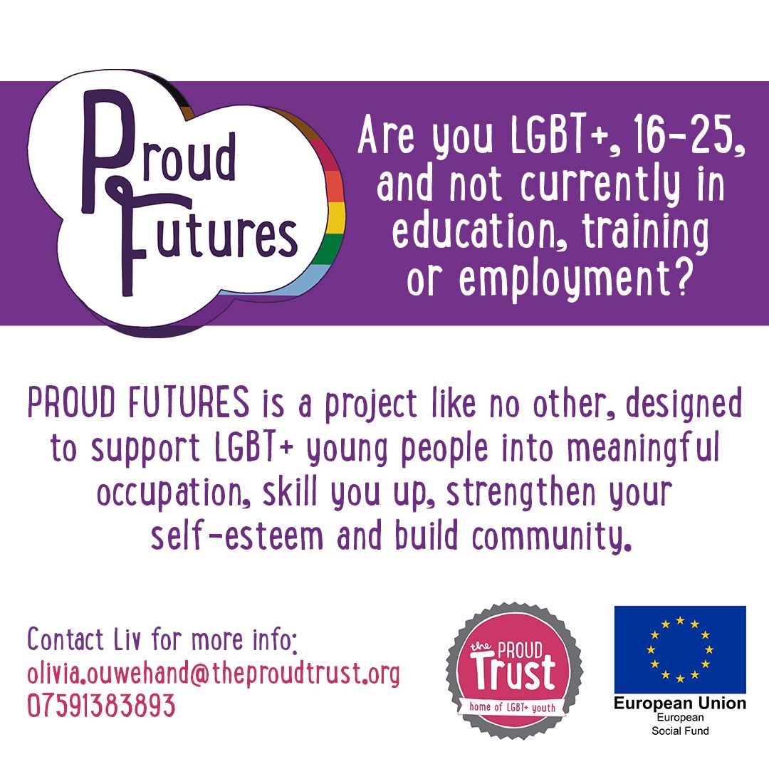 TheProudTrust's tweet photo. 🏳️‍🌈🌟Are you LGBT+, 16-25, and not currently in education, training or employment?

Proud Futures is a project designed to support LGBT+ young people into meaningful occupation, skill you up, strengthen your self-esteem and build community

More Info👉 https://t.co/7JWXpGc6j6 https://t.co/r8riyMncWk