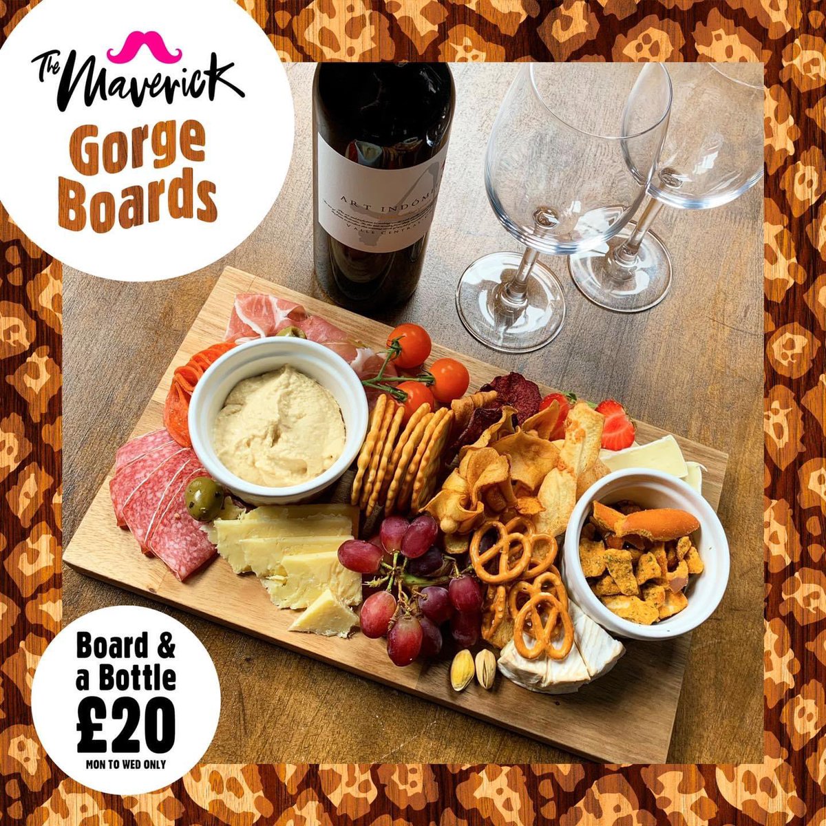 😍 Our Gorge Boards are packed with tasty treats, chutneys and more -  perfect for sharing! Treat yourself to a Board and a Bottle for just £20 from Mon-Wed at <a href="/maverick_NI/">The Maverick</a> . 

⭐️ Walk ins are welcome - DM us to book a table for groups of 2-6 people.