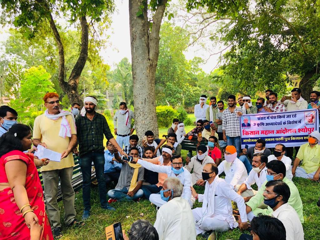 ChandrabhanRan3's tweet photo. केंद्र सरकार द्वारा लाए गए तीन कृषि अध्यादेशों के खिलाफ आज श्योपुर किसानों ने राष्ट्रपति के नाम ज्ञापन दिया भाजपा सरकार किसानों से बात करने की बजाए उन पर लाठियां बरसा��� ओर काले अंग्रजो के काले कानून दुवारा किसानों को डराया जा रहा है अपने हको के लिए लड़ना पड़ेगा  #किसान
@nstomar https://t.co/a0KCcIbpVn