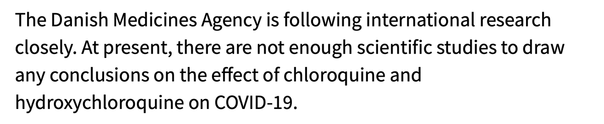 Danemark Danish Medicine Agency  @DKMA_dk Aucune preuve d'efficacité / pas d'utilisation recommandée https://laegemiddelstyrelsen.dk/en/news/2020/covid-19-facts-about-chloroquine-and-hydroxychloroquine/#