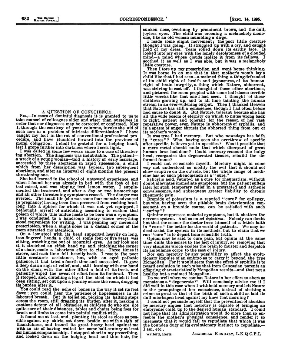 So, for eugenicists, the transmission of VD was tantamount to ‘race suicide’. We can see this in Dr Arabella Kenealy’s outrageous, melodramatic letter to the British Medical Journal in 1895.  #eugenics  #sexualhealth  #histSTM https://www.ncbi.nlm.nih.gov/pmc/articles/PMC2508751/pdf/brmedj08786-0050.pdf