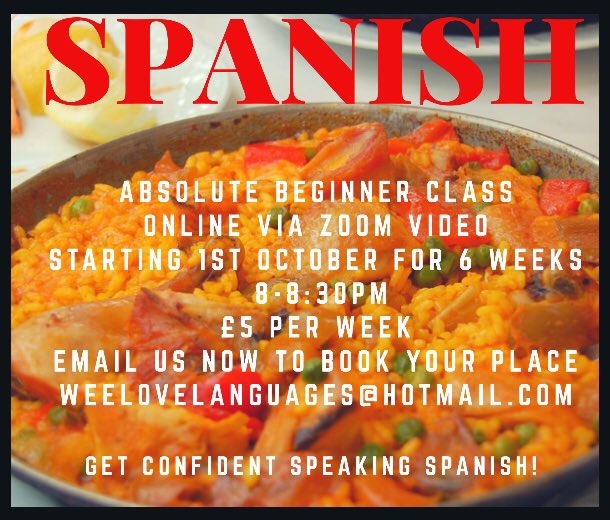 NILanguages's tweet photo. NEW group course for absolute beginners. Starting 1st Oct for 6 weeks 8-8:30pm via Zoom! Only £5 per class which is an absolute bargain price for the amount you are going to learn! I’d love to see you there! 
#spanishclass #belfasthour #spanishtutor #learnspanish #belfast #expat https://t.co/eDu5TOmEl0