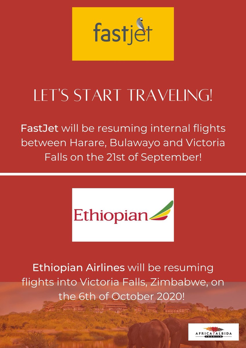 Some more exciting news for Zimbabwe Tourism! <a href="/fastjet/">fastjet</a>  will resume internal flights from the 21st of September, and Ethiopian Airlines will start flying into Victoria Falls, Zimbabwe from the 6th of October! Let's start traveling!
#tourismmatters #AfricasEden #travel