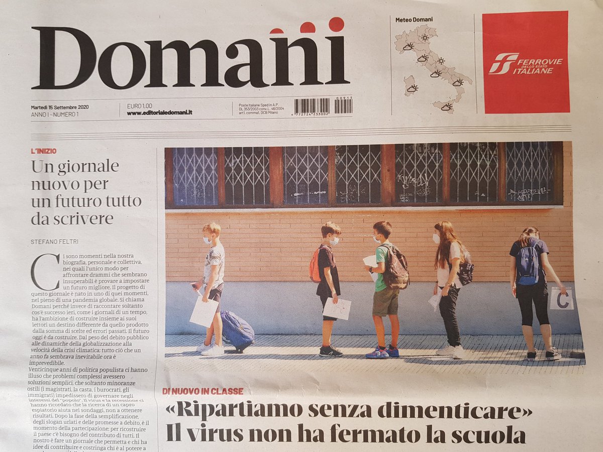 Italië heeft er een nieuw dagblad bij: Domani oftewel Morgen. Gefinancierd door Carlo De Benedetti (ex-Repubblica). Om te bouwen aan een beter, klimaatvriendelijk en vooral rechtvaardig Italië, aldus hoofdredacteur Stefano Feltri. Het kost 1 euro