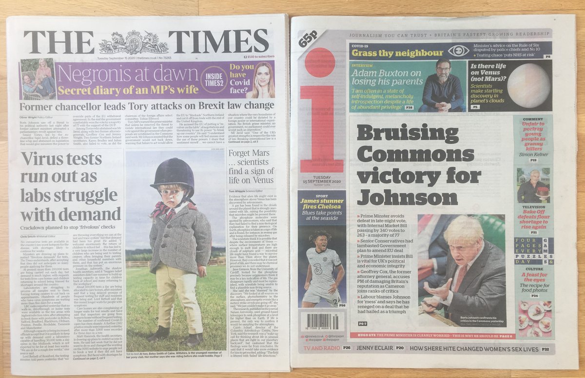 (Only) two papers decided to put the Venus story on their front page -  @thetimes and  @theipaper  #VenusNews  #Venus Both of them note that it's not Mars we're talking about in the search for life this time...