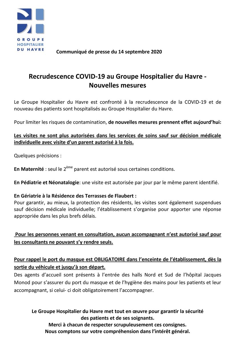 HopitalduHavre's tweet photo. ⚠️📣Recrudescence de la #COVID19 à l'@Hopitalduhavre - Nouvelles mesures : Communiqué de presse du 14 septembre 2020📣Le GHH est confronté à la recrudescence de la COVID-19 et de nouveau des patients sont hospitalisés. ⚠️ MERCI DE PARTAGER https://t.co/WvPz1DlEZG
