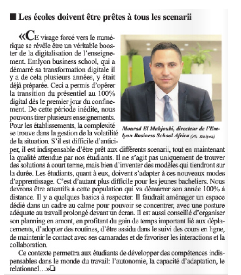 emlyon_casa's tweet photo. 📰[Spécial Enseignement]@Leconomiste_ 
🎤Interview de @melmahjoubi, DG @emlyon_casa [...] il ne s'agit pas uniquement de trouver des solutions à court terme, mais bien d'inventer des modèles qui tiendront sur la durée"🔗https://t.co/zjWOSQxc3e
#Education #BackToSchool #earlymaker https://t.co/OeFwGeaGBa