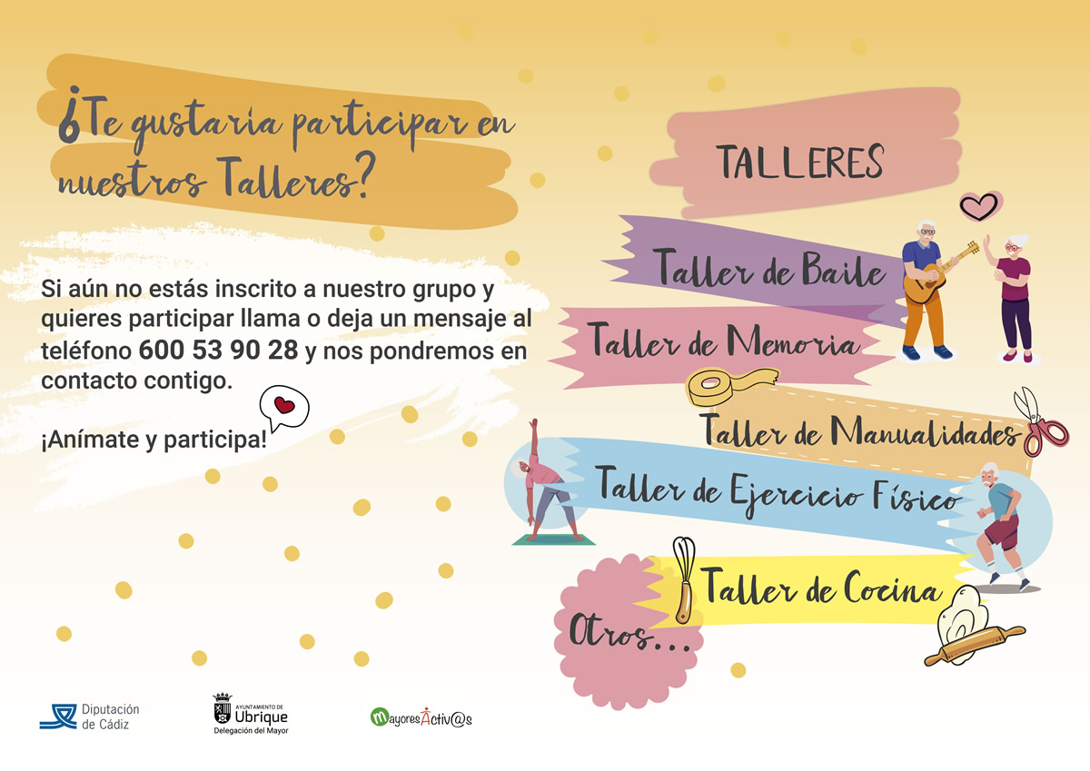 aytoubrique's tweet photo. TALLERES PARA PERSONAS MAYORES
☎️ Si áun no estás inscrito a nuestro grupo y quieres participar, llama o deja un mensaje al teléfono 600 53 90 28 y nos pondremos en contacto contigo.
¡Anímate y participa! https://t.co/kiS3H3IbZD