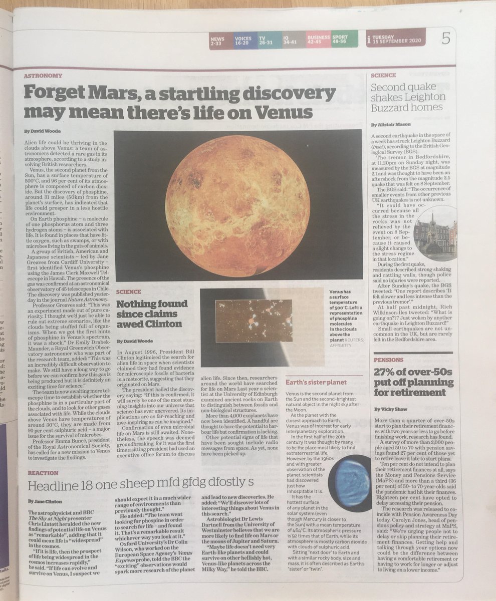 On to  @theipaper. They trail the story on the front page, but their piece is actually on page 5, where they have given over 90% of the page to  #VenusNews and have included several images.