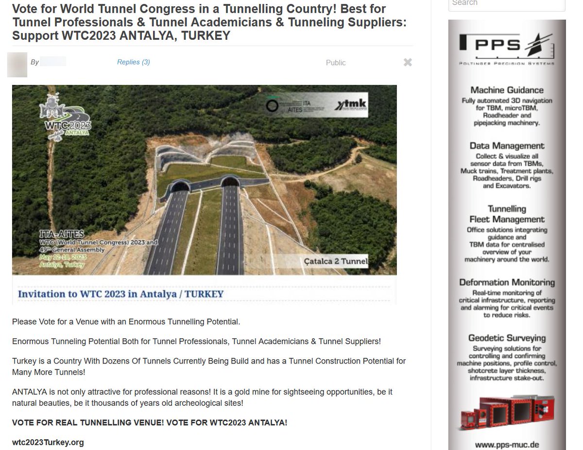 Among the posted at TunnelContact.com :
Vote for #WorldTunnelCongress in a #Tunnelling Country! 

Best for Tunnel Professionals &amp; Tunnel Academicians &amp; Tunneling Suppliers: Support #WTC2023 #ANTALYA, TURKEY

tunnelcontact.com/discussion/vie…