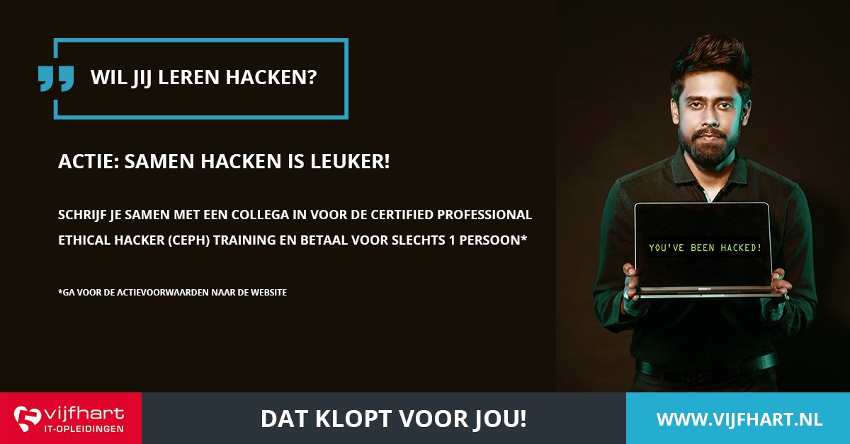 Vijfhart's tweet photo. Wil jij leren hacken? Bij Vijfhart hebben we een leuke actie: neem je collega mee en betaal voor de prijs van 1! Want samen hacken is toch veel leuker? 

#hacken #ethicalhacker #cybersecurity
https://t.co/qv8BbFCr46 https://t.co/fnxUoaV15G