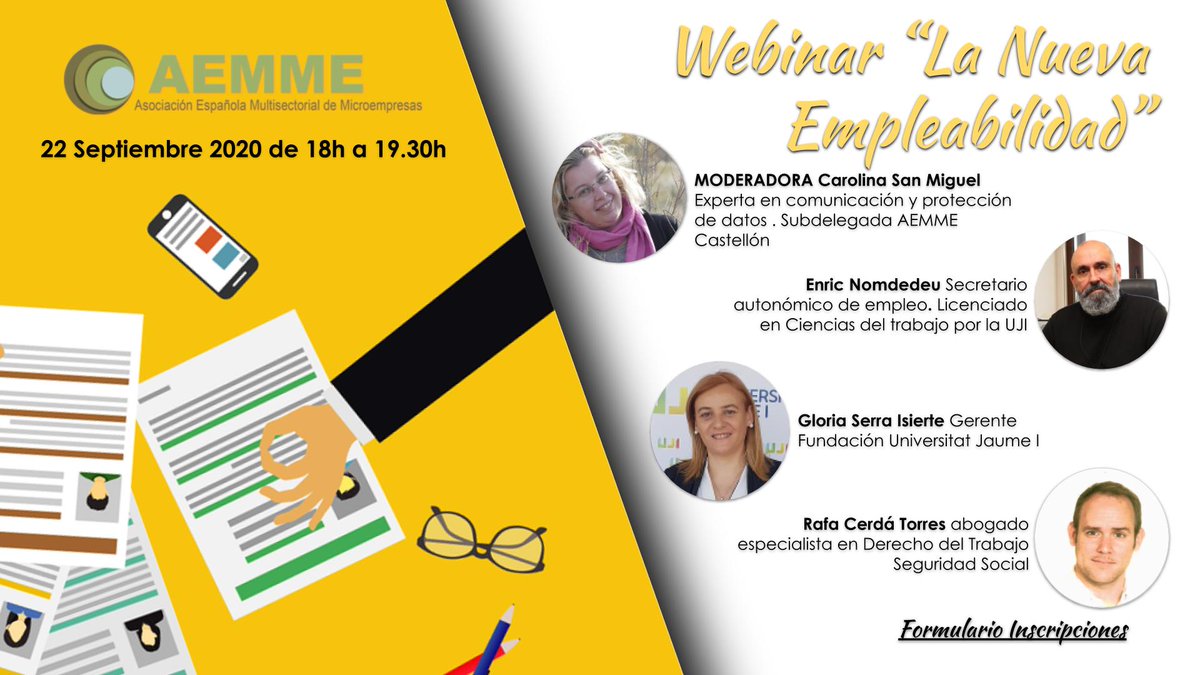 Comenzamos #Septiembre 📣📣 con un Webinar sobre La Nueva Empleabilidad

Conoceremos las iniciativas impulsadas por las Entidades Públicas de la #ComunidadValenciana y compartiremos la situación actual en la que se encuentran las #Microempresas

bit.ly/InscripcionesE…

#AEMME