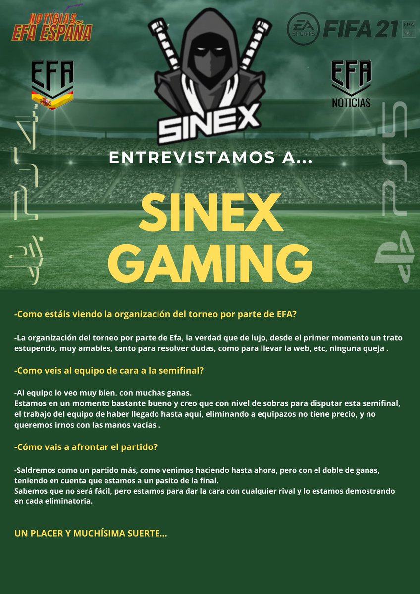 Nuestros cuartos y últimos entrevistados de las semifinales del OPEN de <a href="/EfaEspana/">🇪🇸EFA ESPAÑA🇪🇸</a> son...

@SinexGaming paso a paso, ronda a ronda, eliminando a grandes equipos.

LUCHA Y GARRA HASTA EL FINAL.