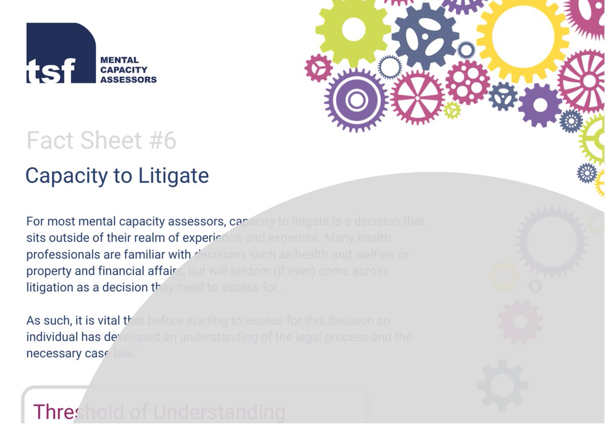TsfAssessments's tweet photo. Our Capacity to Litigate fact sheet, delving a little deeper into a highly detailed and complex capacity assessment. For the full 2-page fact sheet, and to see all our other fact sheets in the series, please subscribe at https://t.co/mPM3uZ4aSw
#mentalcapacity https://t.co/ksoJ35VKNO