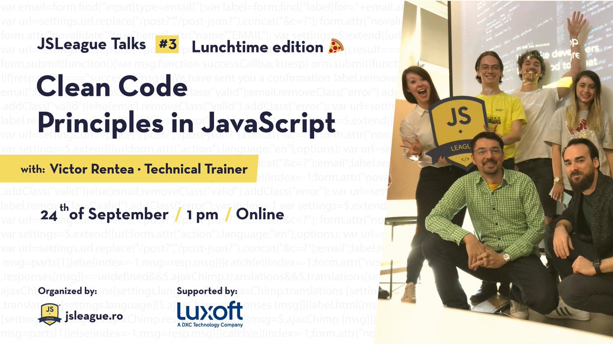 JSLeague_ro's tweet photo. Devs: I want to go to events, learn JavaScript and enjoy some pizza and drinks
The Virus: We have JS, pizza and drinks at home 🍕

The JS at home: Let’s talk about JSLeague Talks #3 Lunchtime - Clean Code Principles in JavaScript with @VictorRentea

#jstalks #cleancode #jsleague https://t.co/prDmYLnjYA