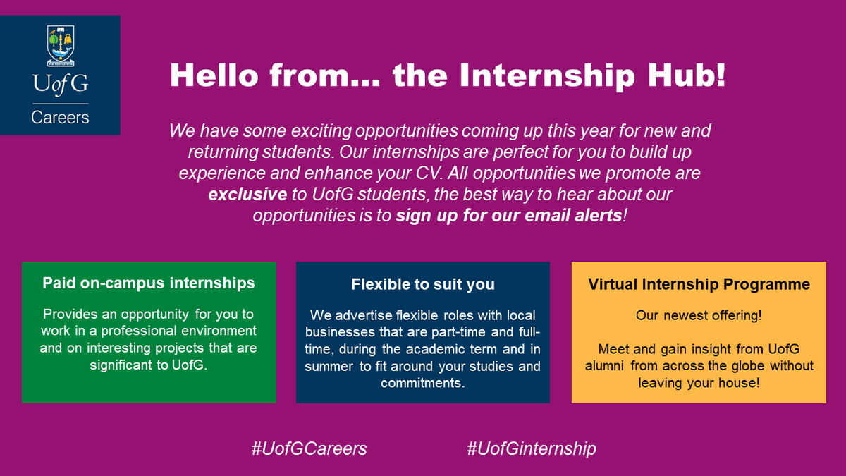 UofGCareers's tweet photo. Introducing the #UofGinternship Hub 👋

The Internship Hub sources internship opportunities to help start your career. Roles are 100% exclusive to UofG students &amp; advertised year-round 🤩

Sign up for weekly vacancy alert ➡️ https://t.co/0PnvGk6Tua

#UofGCareers… https://t.co/8y490js05E