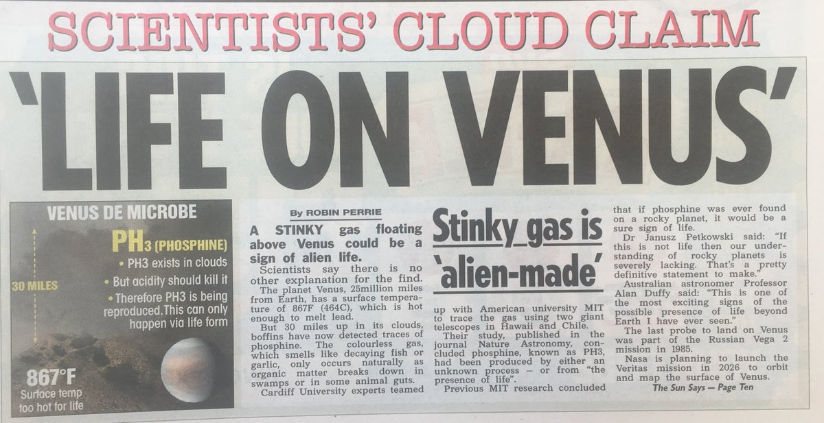Next up it's  @thesun - who have put the story on page 19. Unsure about the accuracy of the headline "Scientists' cloud claim - 'Life on Venus'". The team was very careful about what they said - and were certainly not definitively saying there *is* life on Venus  #VenusNews  #Venus