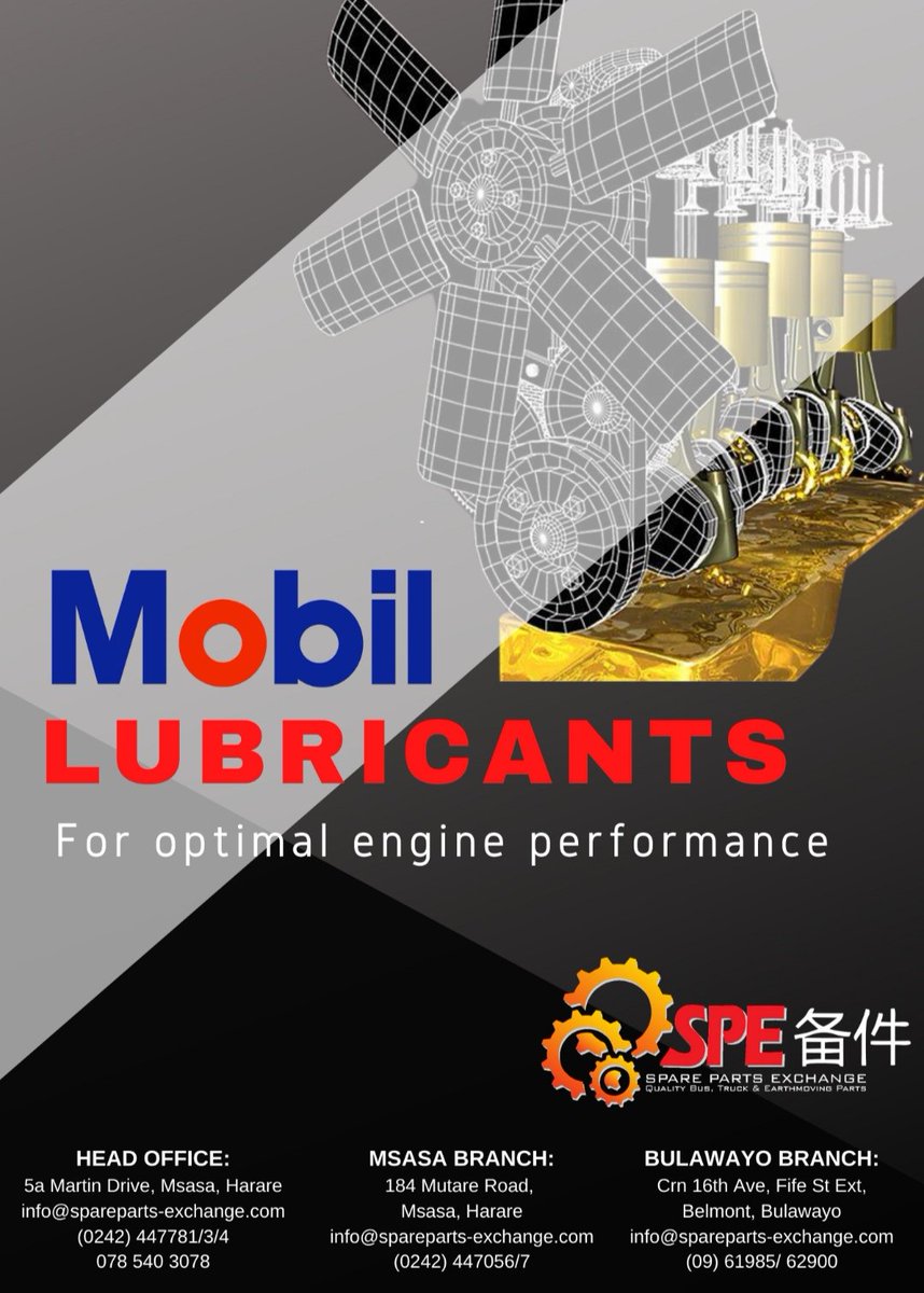 PartsExchange's tweet photo. Introducing our new brand- Mobil Lubricants.

Ensure your engines have the protection it needs with Mobil. 

Contact our sales staff on info@spareparts-exchange.com today to order yours.

#Mobil #MobilLubricants #Engine #SparePartsExchange #Zimbabwe https://t.co/l6FWVQmeIK
