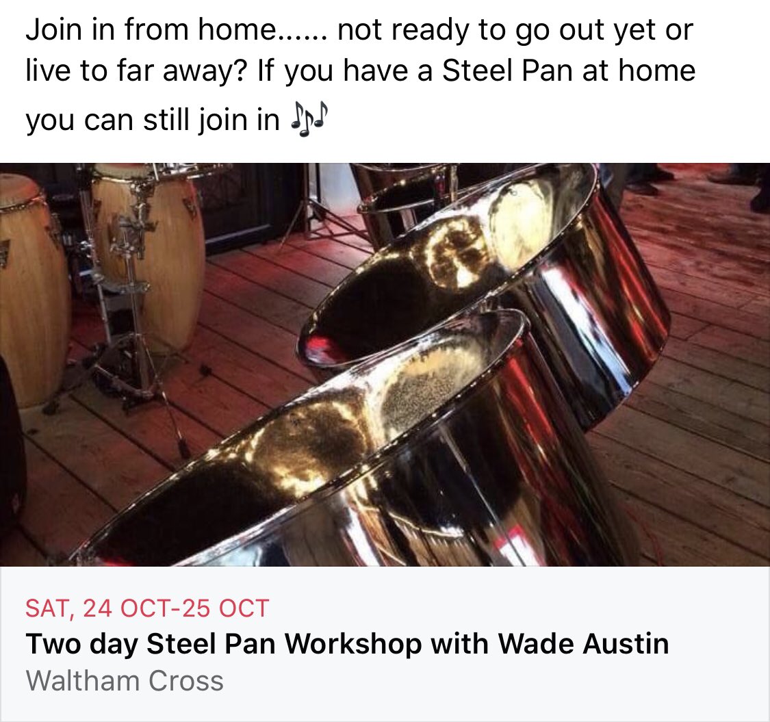 dewamusic's tweet photo. Join in from home.....not ready to go out yet or live to far away? If you have a #SteelPan at home you can still join in ๐ถ #SteelBand #Lessons #MusicLessons #SteelPanLessons #Workshop #WalthamCross #Broxbourne #Trinidad #Culture #Tutor #WadeAustin #SteelPans #BlackHistoryMonth https://t.co/emXHd5g62S