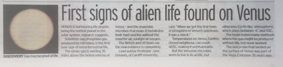 Still - it means  #VenusNews gets two mentions in The Sun. Next up we have  @DailyMirror - page 7- the first (and only!) to use "alien" in their headline! They've been more definitive than the researchers in terms of saying Venus is harbouring life.  #VenusNews  #Venus