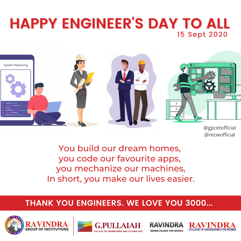 gpcetofficial's tweet photo. Thanks to all engineers out there who make our lives easier. ❤️ Tag an engineer.
Happy Engineer's Day.
#engineersday #engineerslife #kurnool #engineers #beingengineer #btech #gpcetofficial #EngineersDay2020 https://t.co/7U6ptdqjCH