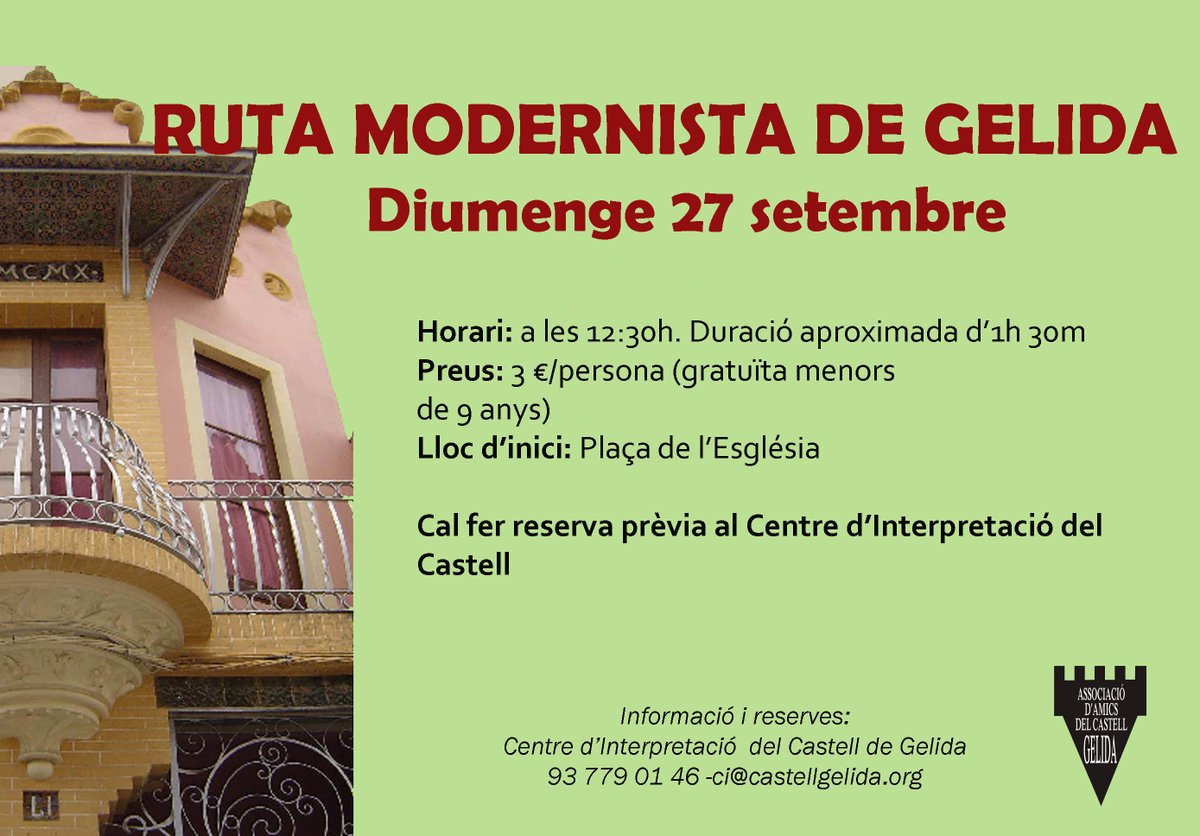 castellgelida's tweet photo. Reserva la teva #RutaModernistaGelida al Centre d'Interpretació fins el divendres 25 de setembre. Plaçes limitades. Us hi esperem! @GelidaEntitats @AjuntamGelida @radiogelida #rutamodernista https://t.co/4CYQqaBVVu