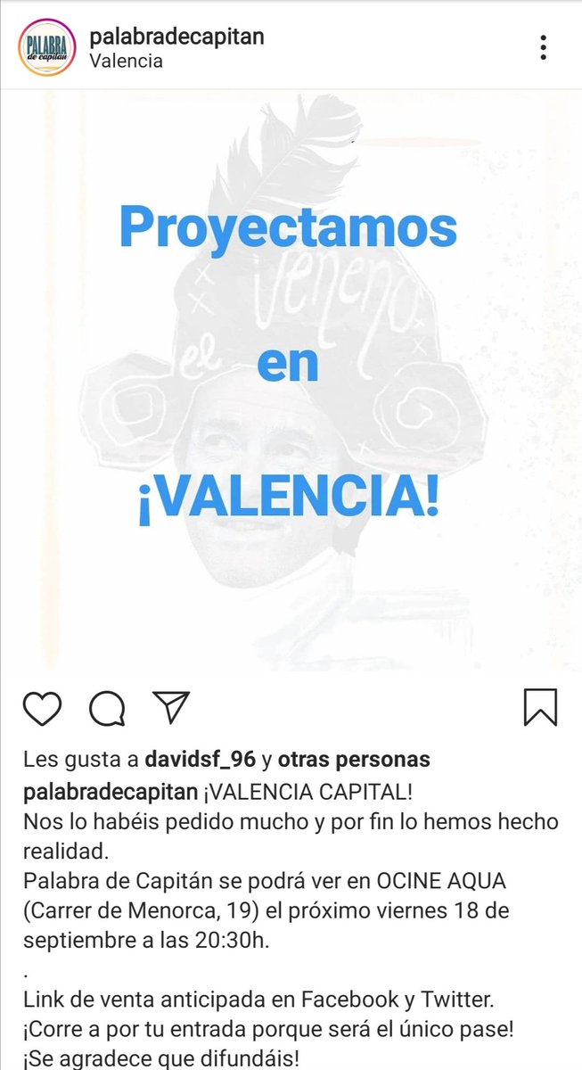 CarnavalVLC's tweet photo. ¡Ahora sí!
Podremos disfrutar del #documental @PalabraCapitan en el Cap i Casal el viernes 18 en un único pase a las 20:30h en el Ocine Aqua (@OcineTweets del @ccaqua)
Quién se apunta?
Las entradas ya se pueden adquirir aquí!!! 👇🏻👇🏻👇🏻
https://t.co/DqsclkbINR
#JartiblesDeLaTerreta https://t.co/zTBJDJi1Xq