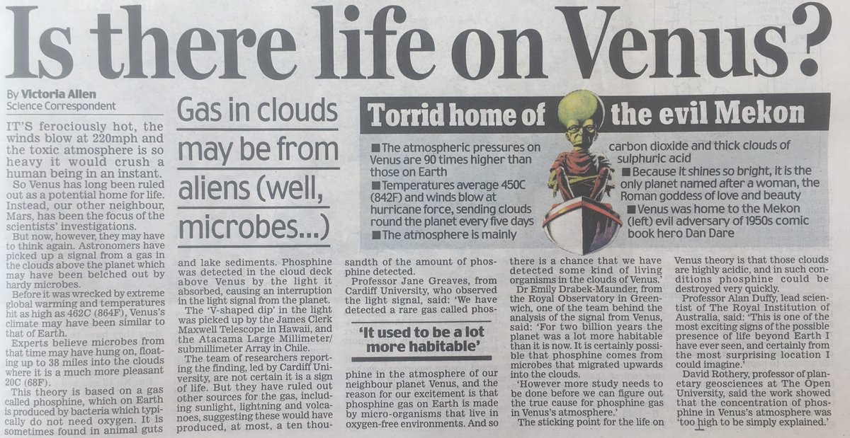 What has  @DailyMailUK got to say about the discovery? Their piece makes it on to page 5, has an explainer box about Venus, and notes it is the home of Dan Dare's adversary, the Mekon.  #Venus  #VenusNews